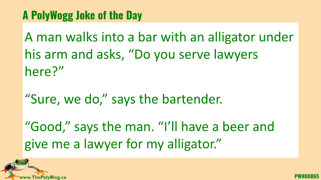 A man walks into a bar with an alligator under his arm and asks, “Do you serve lawyers here?”  “Sure, we do,” says the bartender.  “Good,” says the man. “I’ll have a beer and give me a lawyer for my alligator.”