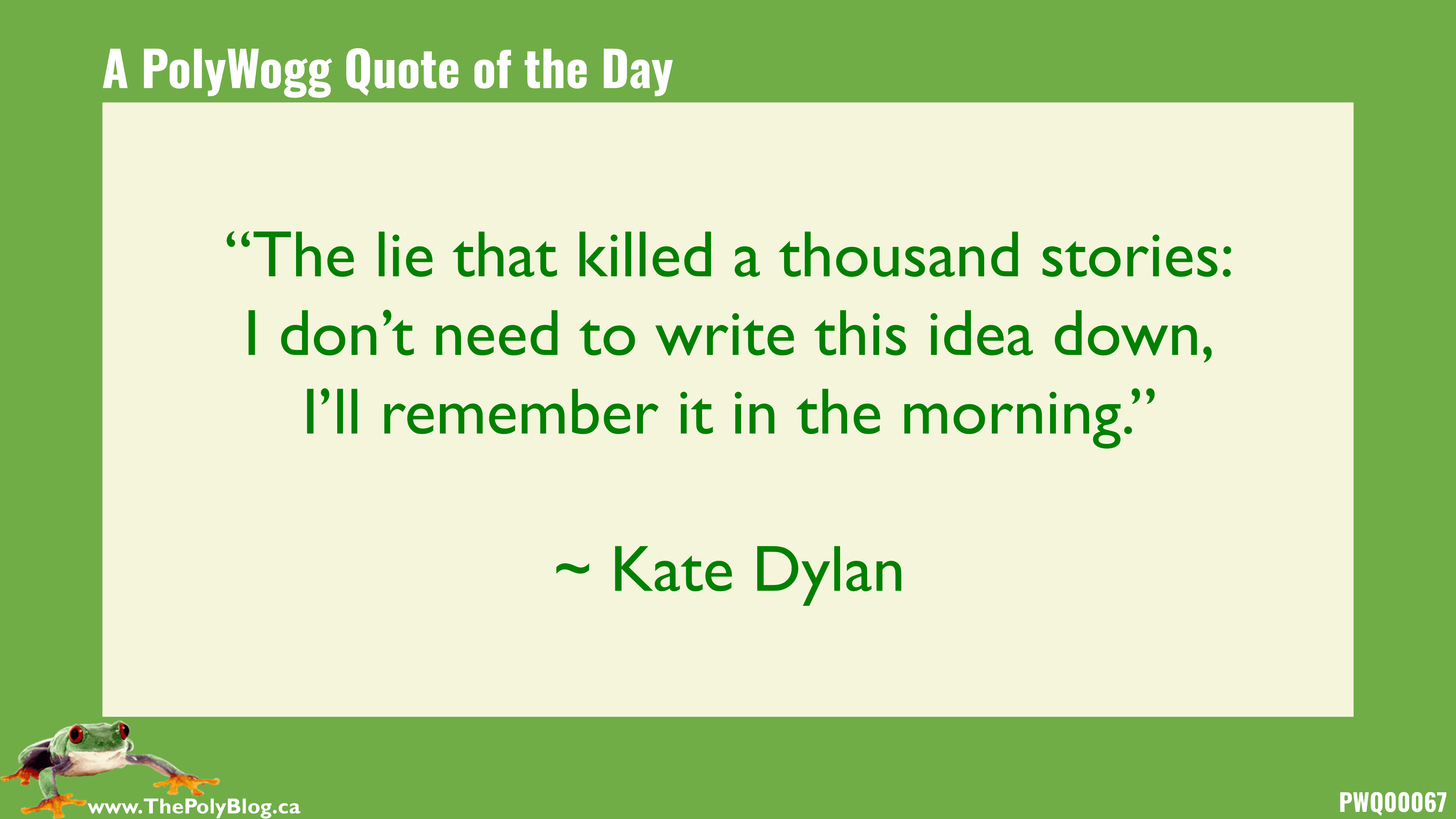 “The lie that killed a thousand stories: I don’t need to write this idea down, I’ll remember it in the morning.” ~ Kate Dylan