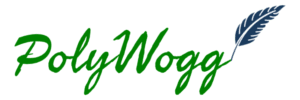 PolyWogg signature in green with a dark blue quill at the end.