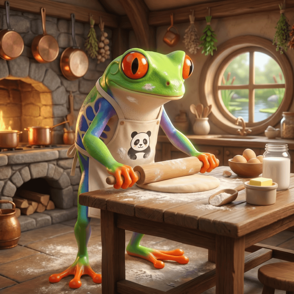 A red-eyed tree frog rolling out dough in the LilyPad Kitchen wearing an apron with a panda image on it.