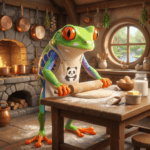 A red-eyed tree frog rolling out dough wearing an apron with a panda image on it.