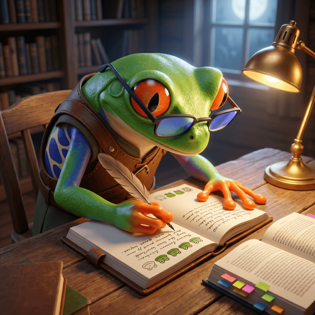 Frog writing book review entries into a journal