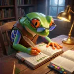 Frog writing book review entries into a journal