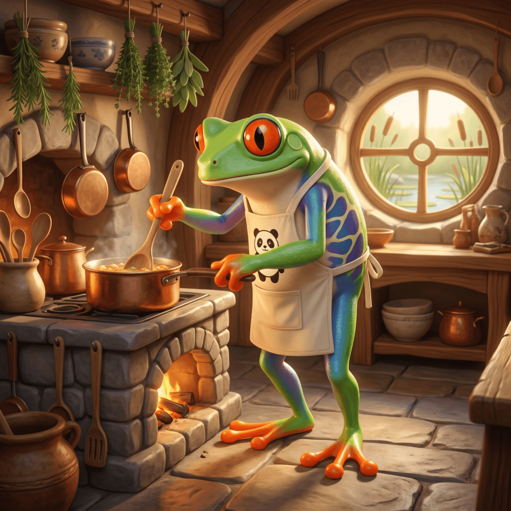 A red-eyed tree frog wearing a panda apron is stirring food in the Lilypad Kitchen.