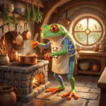 A red-eyed tree frog wearing a panda apron is stirring food in the Lilypad Kitchen.
