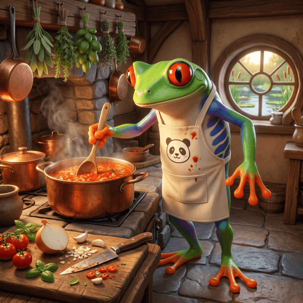 A red-eyed tree frog in a panda apron is stirring a red stew in the Lilypad Kitchen.