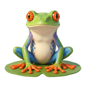 A red-eyed tree frog smiling and sitting on a lilypad, looking straight forward at the viewer.