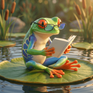 A red-eyed tree frog sitting on a lilypad in a swamp wearing glasses and reading a plain white hard-covered book.
