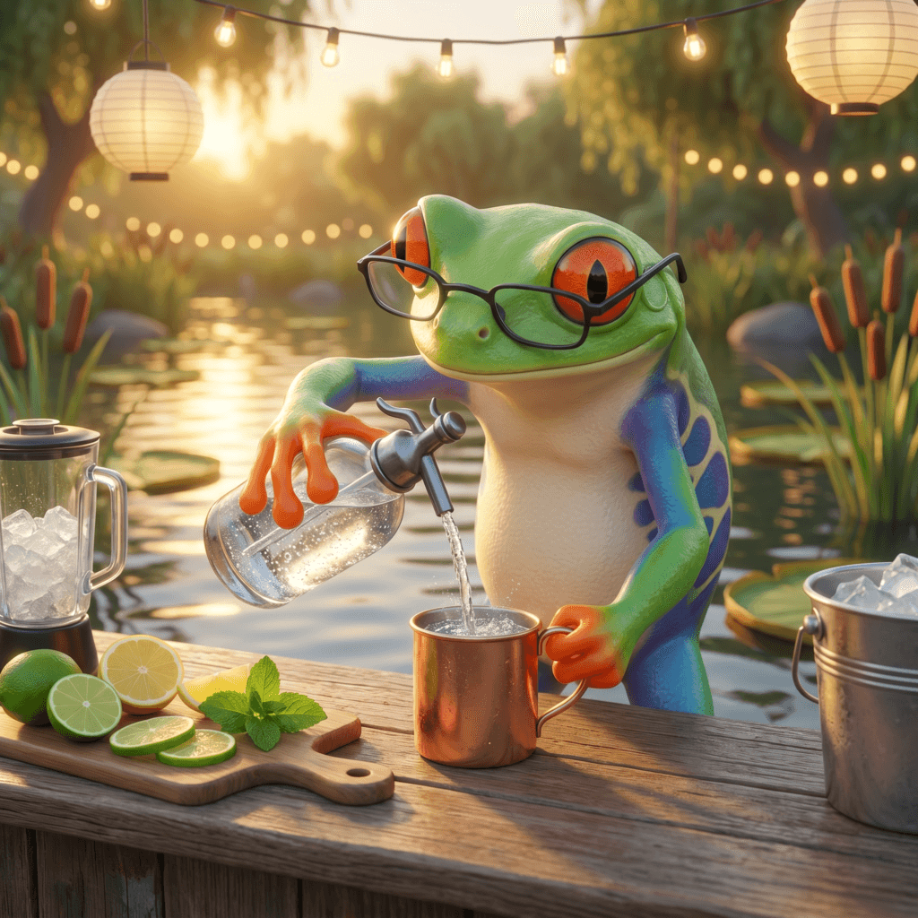 A red-eyed tree frog is pouring tonic water in a copper mug on a dock next to the pond.