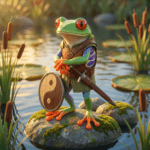 A red-eyed tree frog dressed in brown leather armour on his torso with a sword attached to his hip and a shield resting against one knee, while standing on a rock in a swamp. The shield has a ying-yang symbol on it.