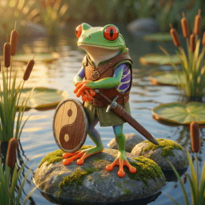 A red-eyed tree frog dressed in brown leather armour on his torso with a sword attached to his hip and a shield resting against one knee, while standing on a rock in a swamp. The shield has a ying-yang symbol on it.