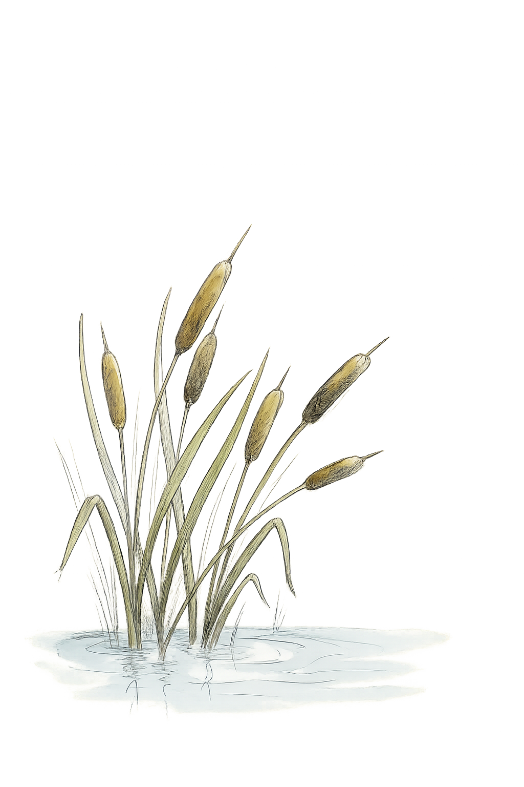 Pencil-sketch cattails rising from pond water